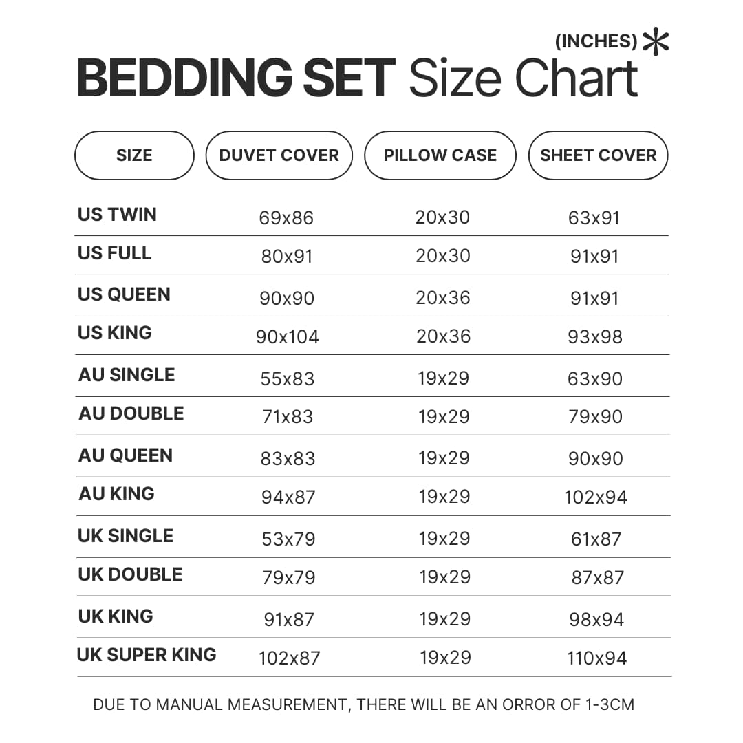 Beding Set Size Chart - Halo Merch